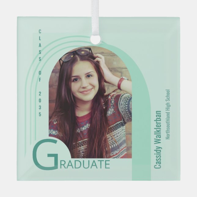 Modern Arch Green Photo Graduation Glass Ornament (Front)