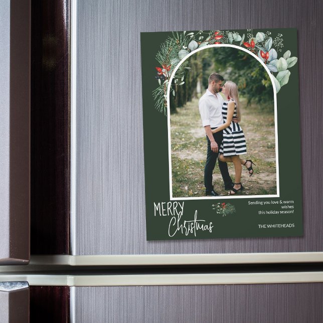 Modern Arch Greenery Christmas Magnet Photo Card (You will love these beautiful Christmas cards! They feature botanical watercolor pine and berries.)