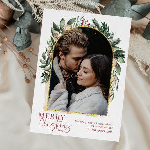 Modern Arch Greenery Gold Merry Christmas 1 Photo Holiday Card