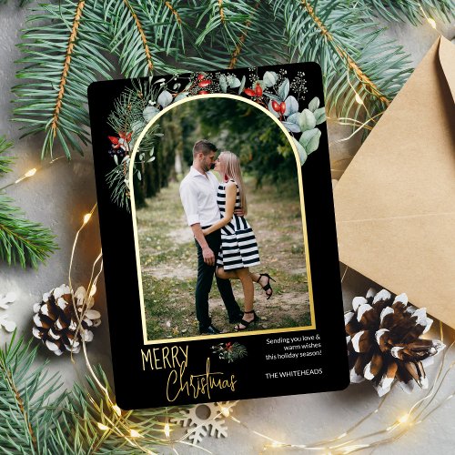 Modern Arch Greenery Merry Christmas Photo Foil Holiday Card