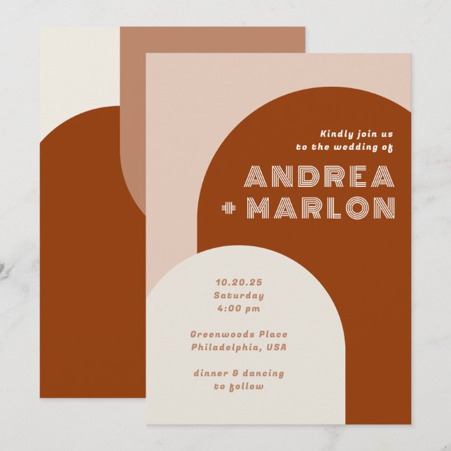 Modern Arch Groovy Retro Terracotta Wedding Invitation (Front/Back)