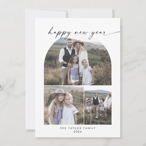 Modern Arch Happy New Year Photo Collage Family Holiday Card