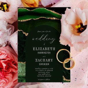 Modern Arch Hunter Green Gold Agate Wedding Invitation
