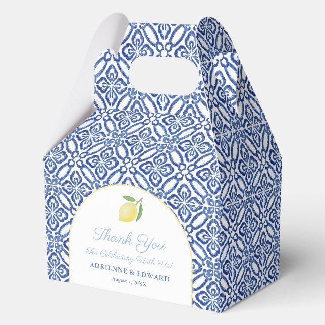 Modern Arch Italian Lemon Blue Tiles Wedding Favor Boxes (Front)