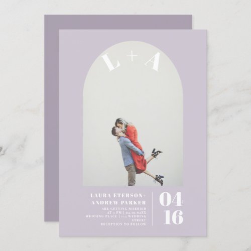 Modern arch lavender initials photo wedding invitation