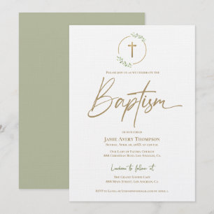 Modern Arch leaf Wreath Gilded Gold Cross Baptism Invitation