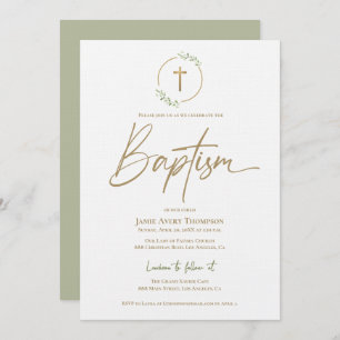 Modern Arch leaf Wreath Gilded Gold Cross Baptism Invitation