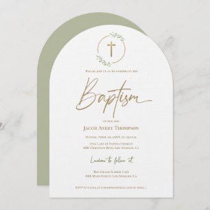 Modern Arch leaf Wreath Gilded Gold Cross Baptism Invitation