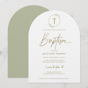 Modern Arch leaf Wreath Gilded Gold Cross Baptism Invitation