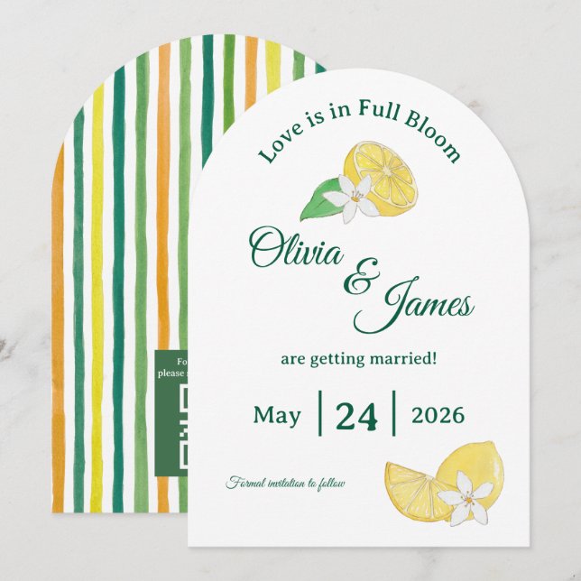 Modern Arch Lemon Citrus Floral Save The Date Card (Front/Back)