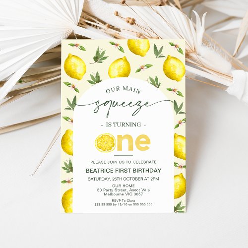 Modern Arch Lemon Our Main Squeeze 1st Birthday Invitation