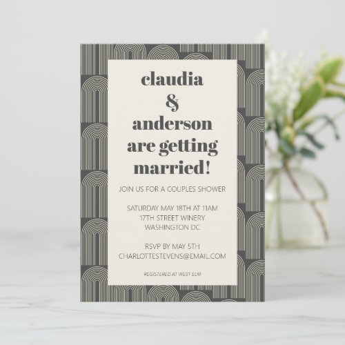 Modern Arch Line Art  Black Gray Couples Shower  Invitation