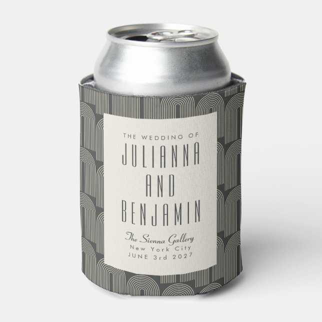 Modern Arch Line Art Black Gray Custom Wedding Can Cooler (Can Front)