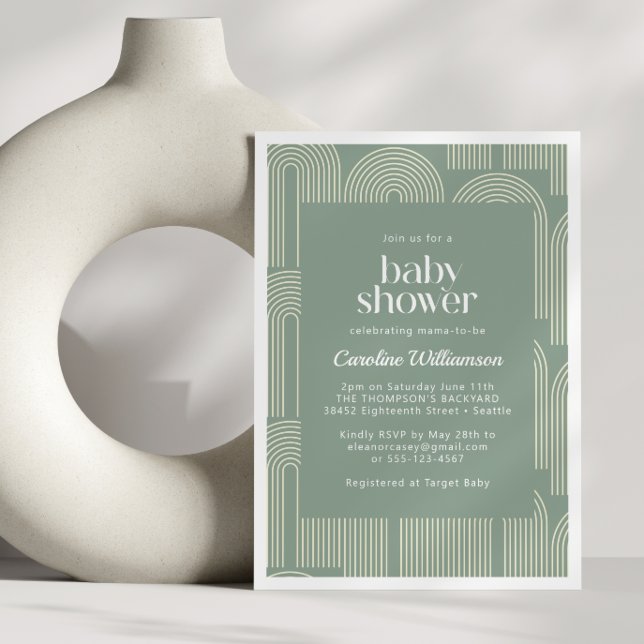 Modern Arch Line Art Sage Green Baby Shower Invitation