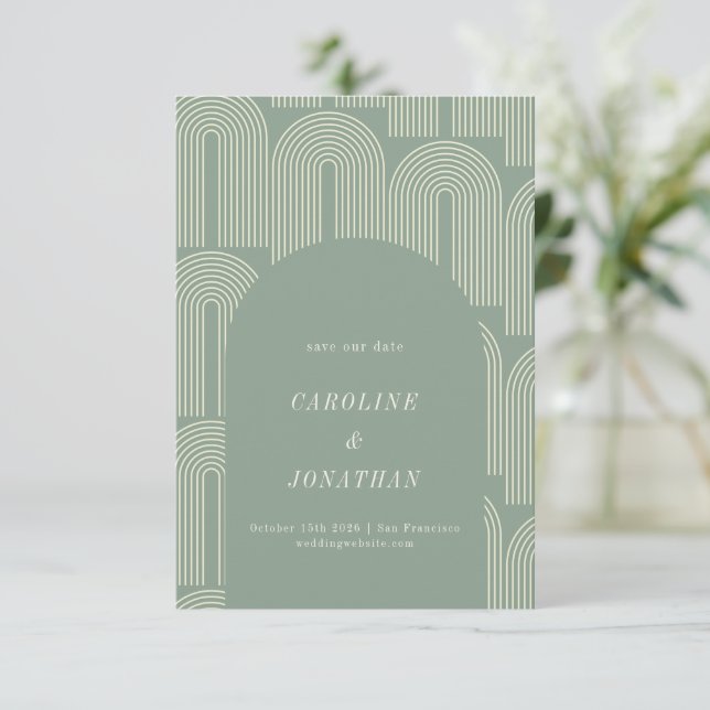 Modern Arch Line Art Sage Green Formal Wedding Save The Date (Standing Front)