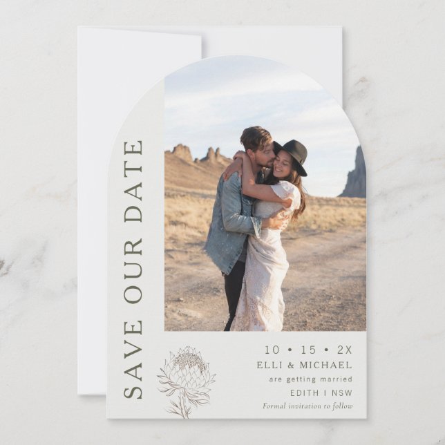 Modern Arch Line Floral Wedding Save The Date Card (Front)