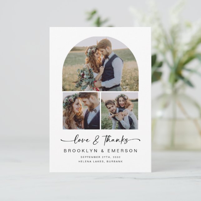 Modern Arch Love & Thanks | 3 Photos Wedding Thank You Card (Standing Front)