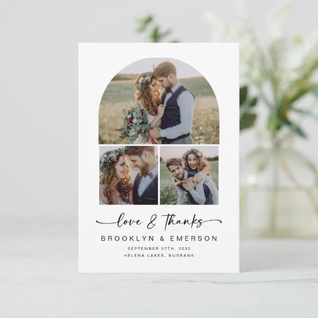 Modern Arch Love & Thanks | 3 Photos Wedding Thank You Card | Zazzle