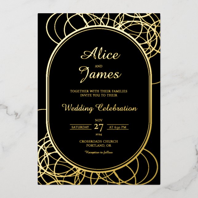 Modern Arch Luxury Elegant Black Gold Foil Wedding Invitation (Front)