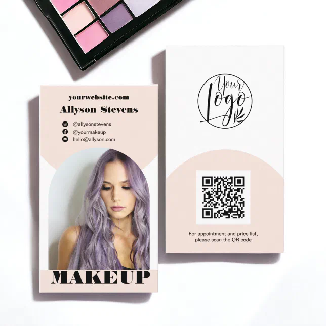 Modern arch makeup pink photo qr code logo business card | Zazzle