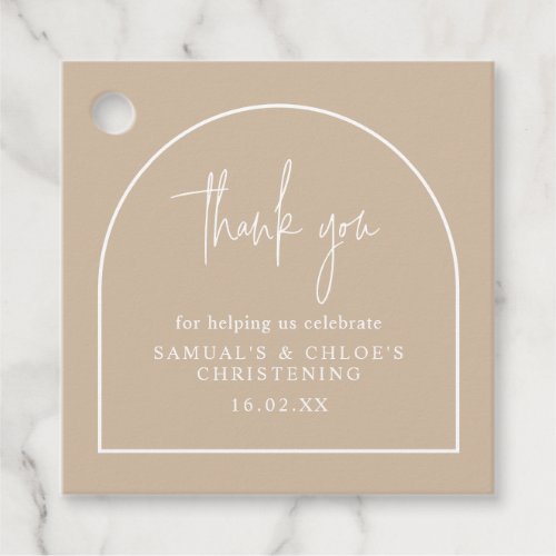 Modern Arch Minimal Joint Christening Beige Square Favor Tags