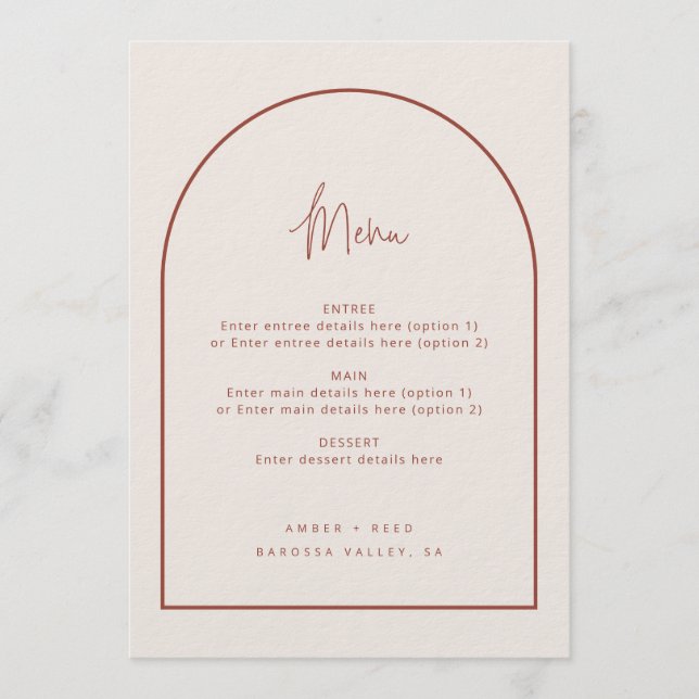 Modern Arch Minimal Script Terracotta Wedding Menu (Front)