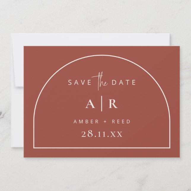Modern Arch Minimal Wedding Terracotta Script   Save The Date (Front)