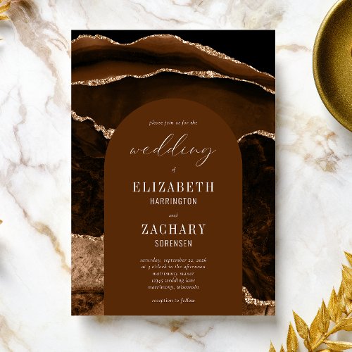 Modern Arch Mocha Brown Gold Agate Wedding Invitation