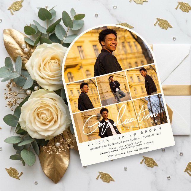 Modern Arch Multi Photo Collage Graduate TMF26 Invitation (Modern Arch Multi Photo Graduate Celebration Invitation with Stylish Five Photo Collage Layout.)