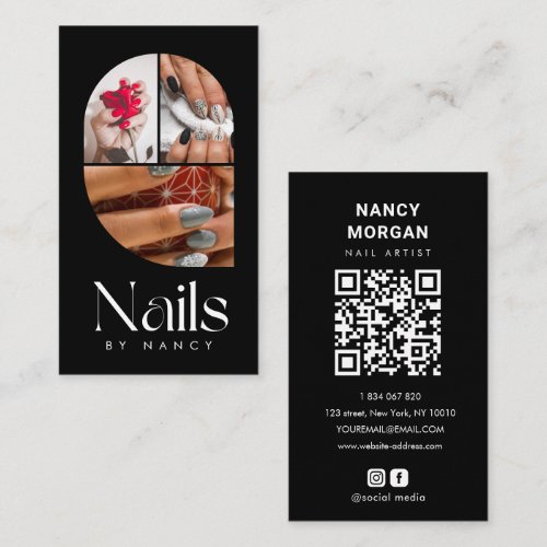 Modern Arch Nail Salon 3 Photo Collage Qr Code  Business Card