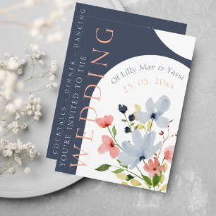 Modern Arch Navy and Floral Wedding Invitation