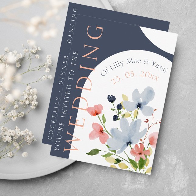 Modern Arch Navy and Floral Wedding Invitation (Creator Uploaded)