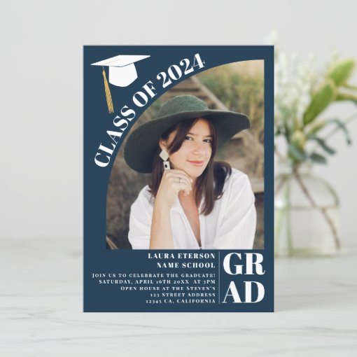 Modern arch navy blue 5 photos graduation invitation | Zazzle