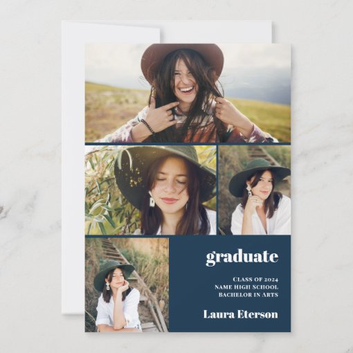 Modern arch navy blue 5 photos graduation invitation | Zazzle