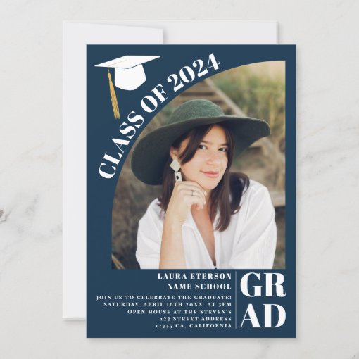 Modern arch navy blue 5 photos graduation invitation | Zazzle