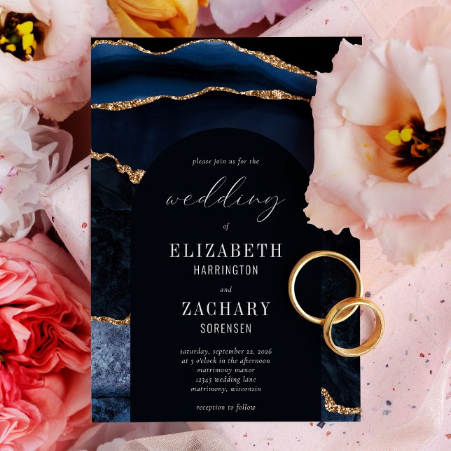 Modern Arch Navy Blue Gold Agate Wedding Invitation (Creator Uploaded)
