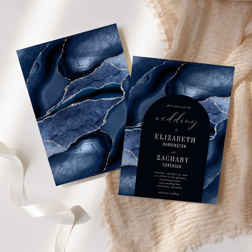 Modern Arch Navy Blue Silver Agate Wedding Invitation