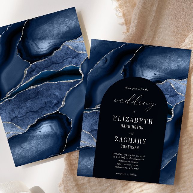 Modern Arch Navy Blue Silver Agate Wedding Invitation (Creator Uploaded)