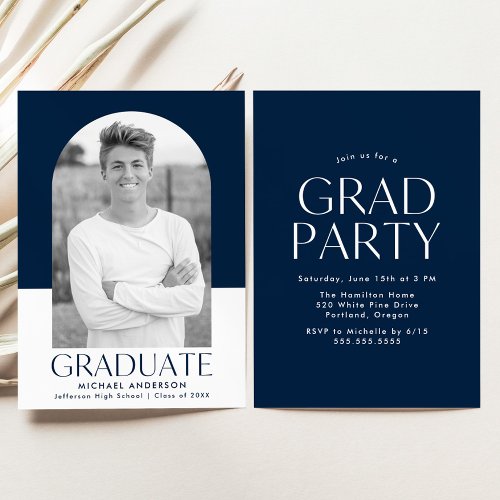 Modern Arch Navy Color Block Graduation Party Invitation