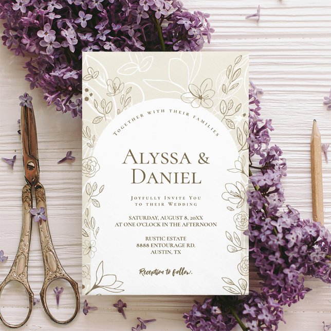 Modern Arch Neutral Floral Leaves Wedding Invitation (Modern minimalist arch Floral leaves Wedding invitation)