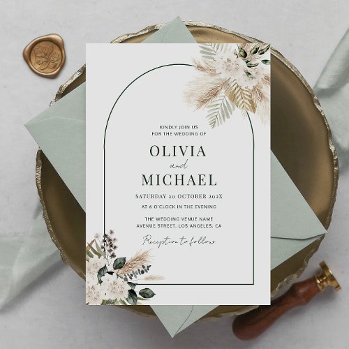 modern arch pampas grass wedding invitation