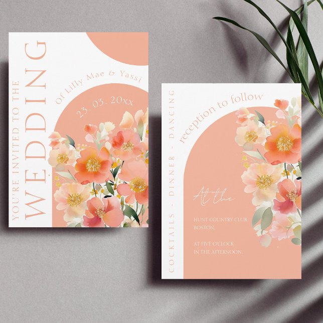 Modern Arch Peach Floral Wedding Invitation (Creator Uploaded)
