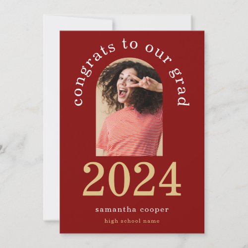 Modern Arch Photo 2024 Grad Gold Maroon Graduation Announcement