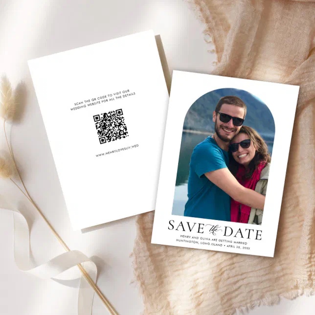 Curated visual reference: Picture Idea: Modern Arch Photo And Qr Code Vertical Wedding Invitation