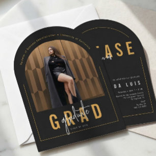 Modern Arch Photo Black & Gold Graduation Invitation