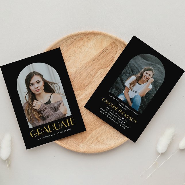 Modern Arch Photo Black & Gold Graduation Party Invitation (Creator Uploaded)