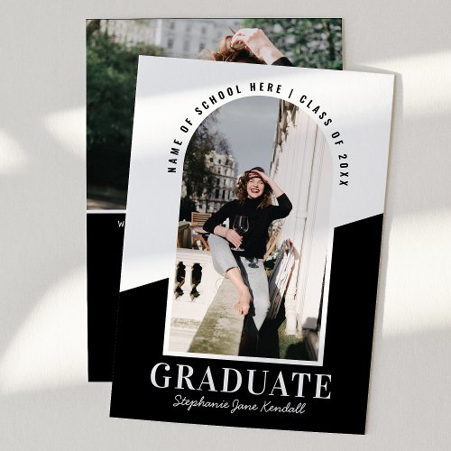 Modern Arch Photo Black  White Graduation Announcement