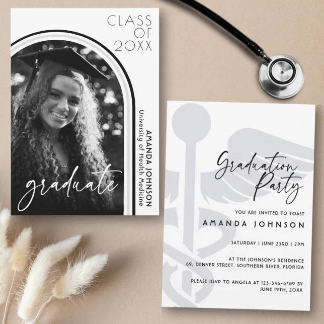 Modern Arch Photo Black White Nurse Graduation Invitation | Zazzle