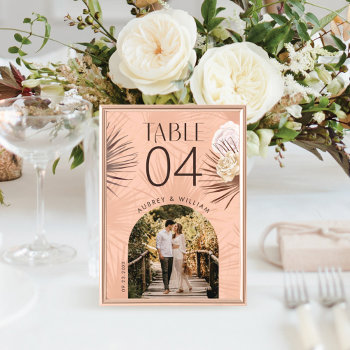 Modern Arch Photo Bohemian Boho Watercolor Florals Table Number by moodthology at Zazzle