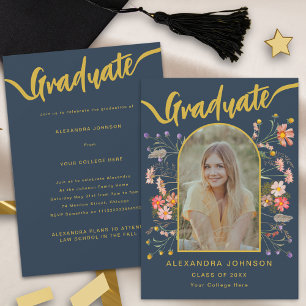 Modern Arch Photo Boho Floral Blue Grad Party Invitation